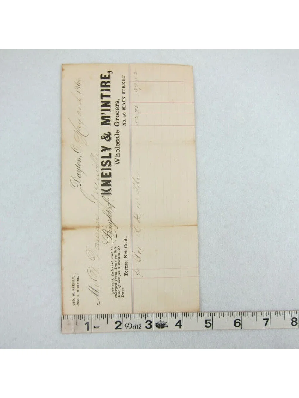 Antique 1866 Kneisly & M'Intir Wholesale Grocer Dayton Ohio Receipt Invoice RARE